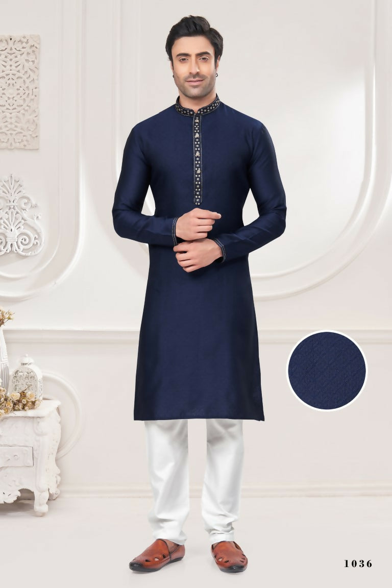Functional Designer Men's Blue Jacquard Kurta With Pant - Rudra