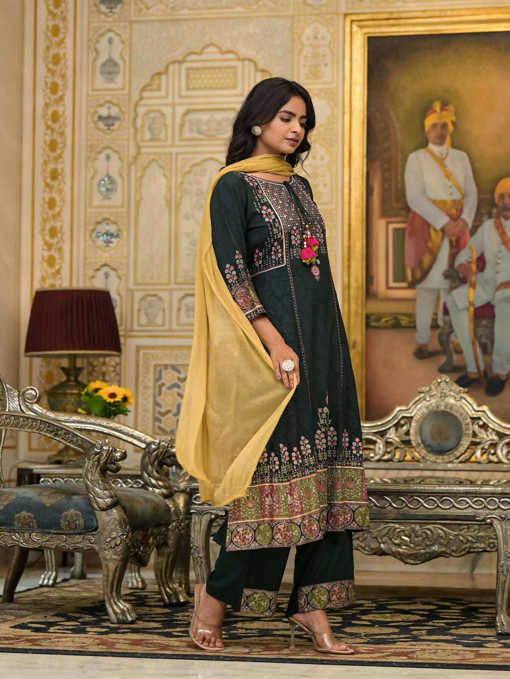 Juniper Women's Green Floral Printed Rayon Kurta Pant With Dupatta Set With Thread Work & Tassels