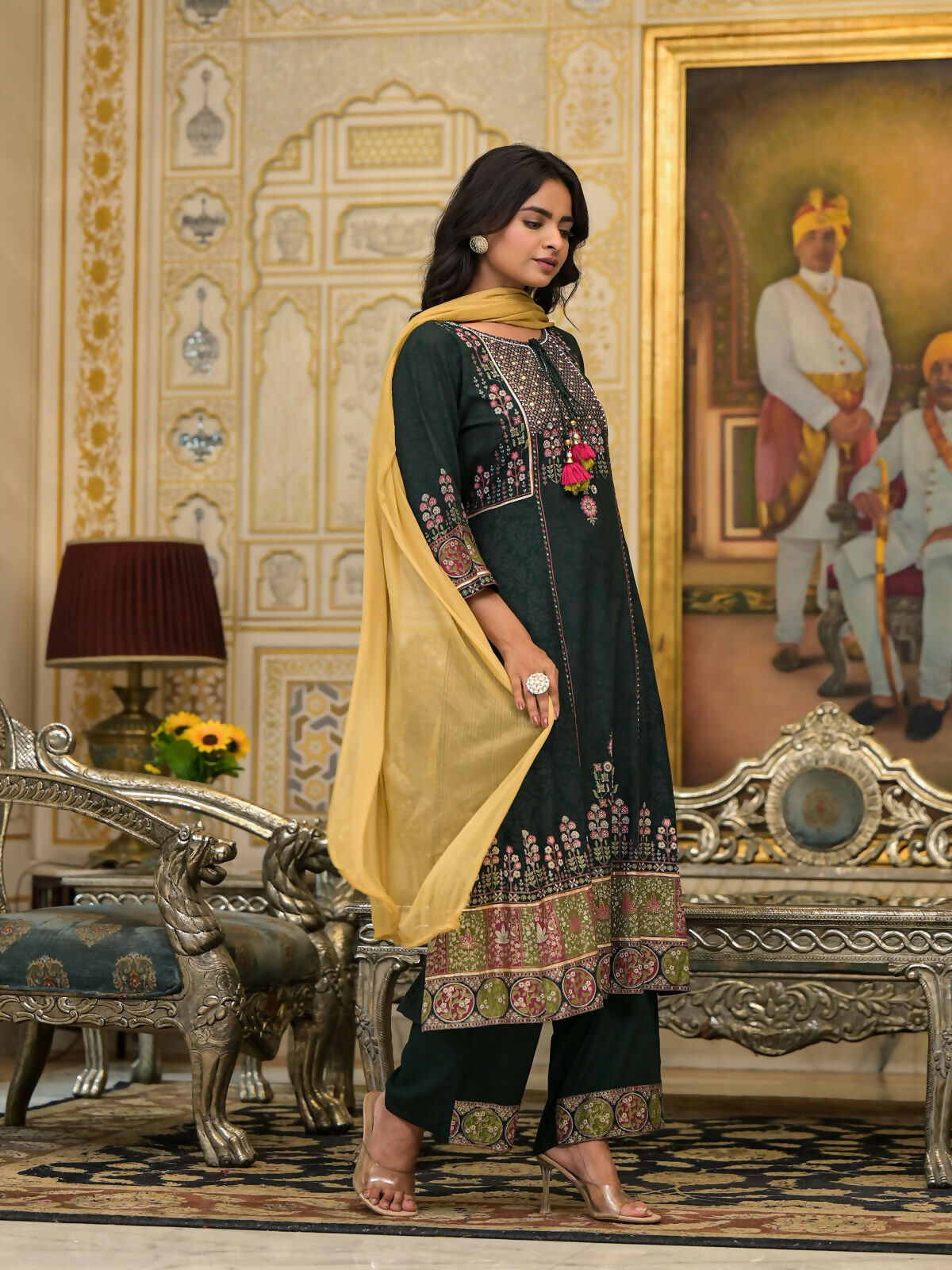 Juniper Women's Green Floral Printed Rayon Kurta Pant With Dupatta Set With Thread Work & Tassels