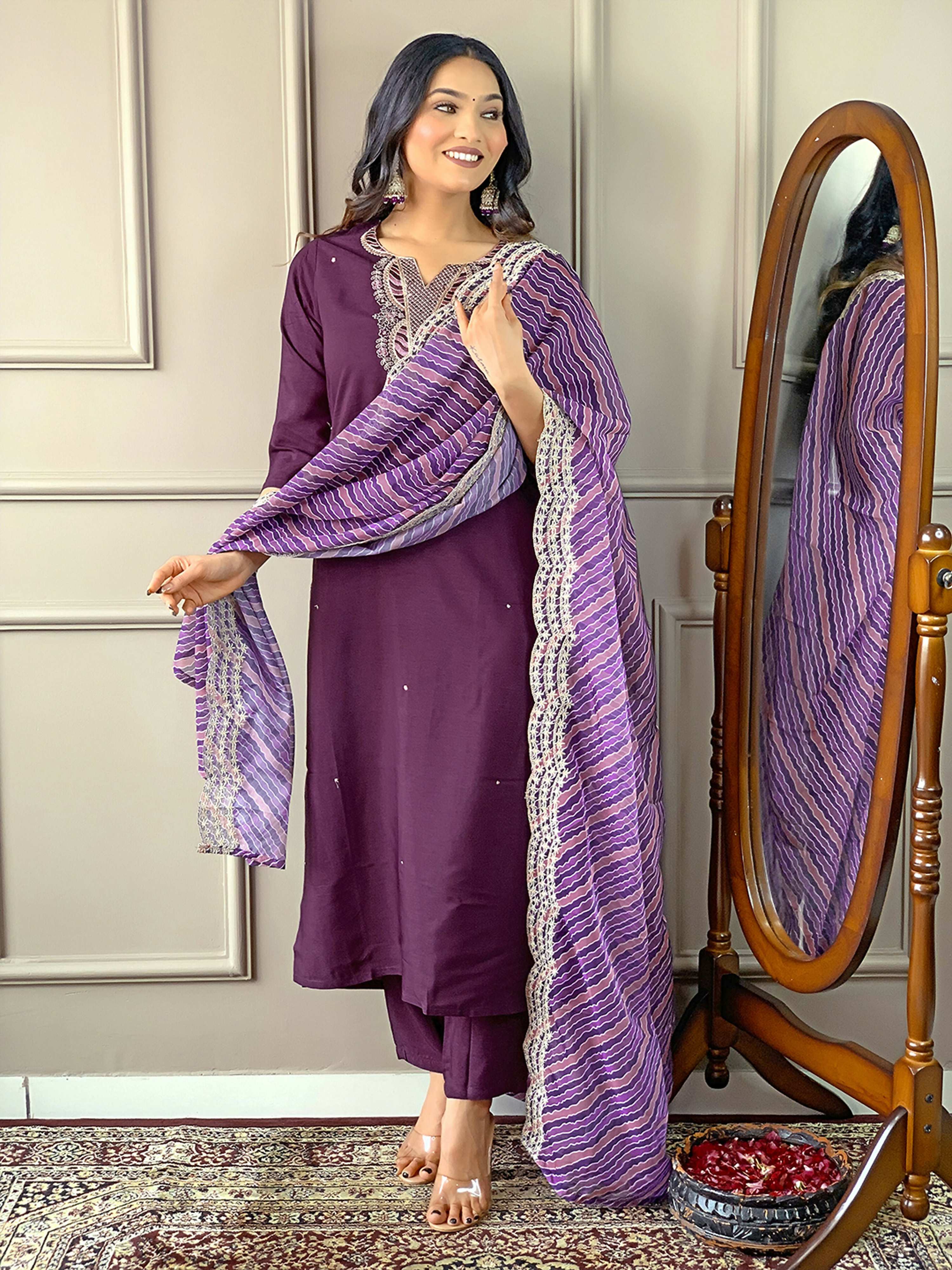 Partywear Designer Viscose Silk Wine Stitched Suit With Dupatta - Tanisha