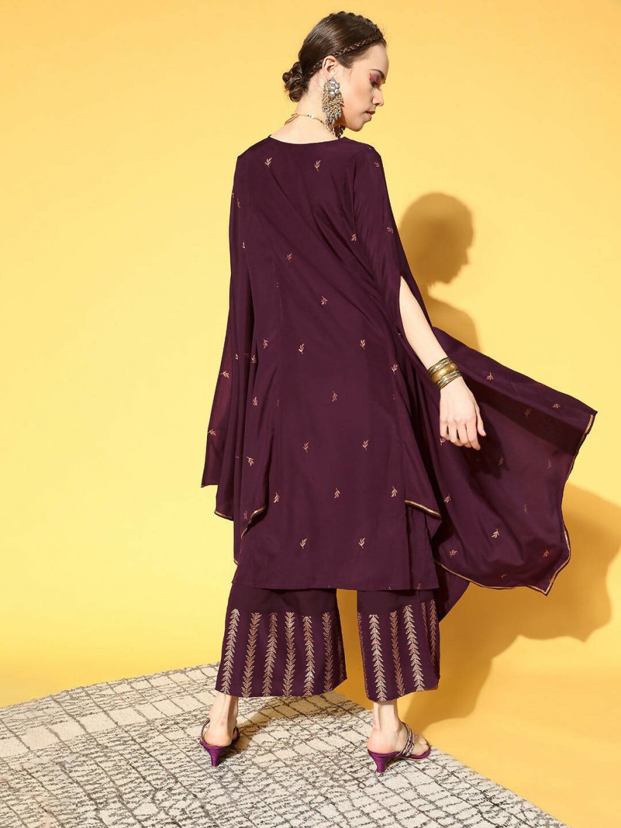 Ahalyaa Women Wine Colour Crepe Gold Glitter Print Kurta Palazzo Set