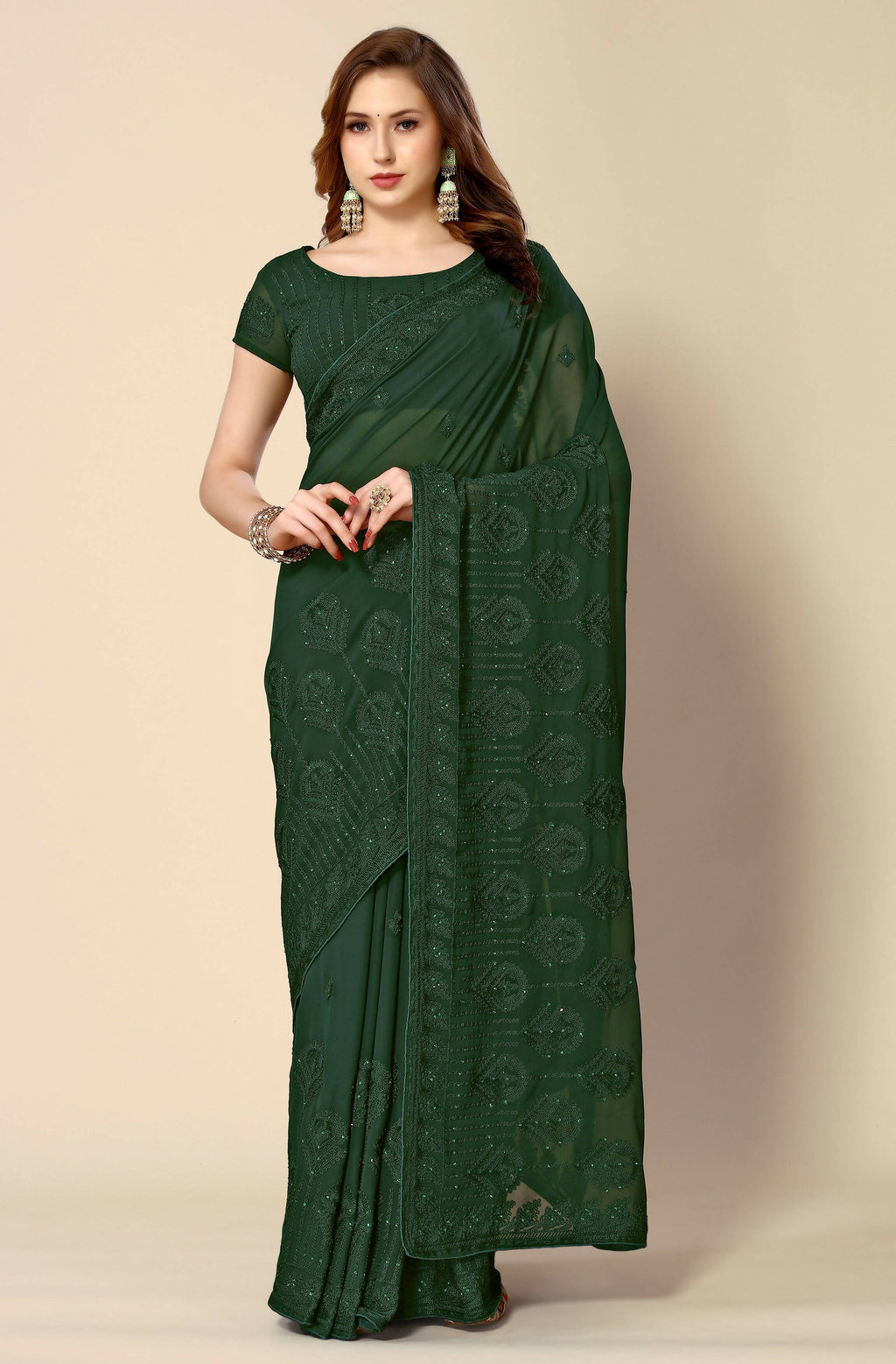 Green Georgette Embroidered and Stone Work Saree with Unstitched Blouse Piece - Roozal