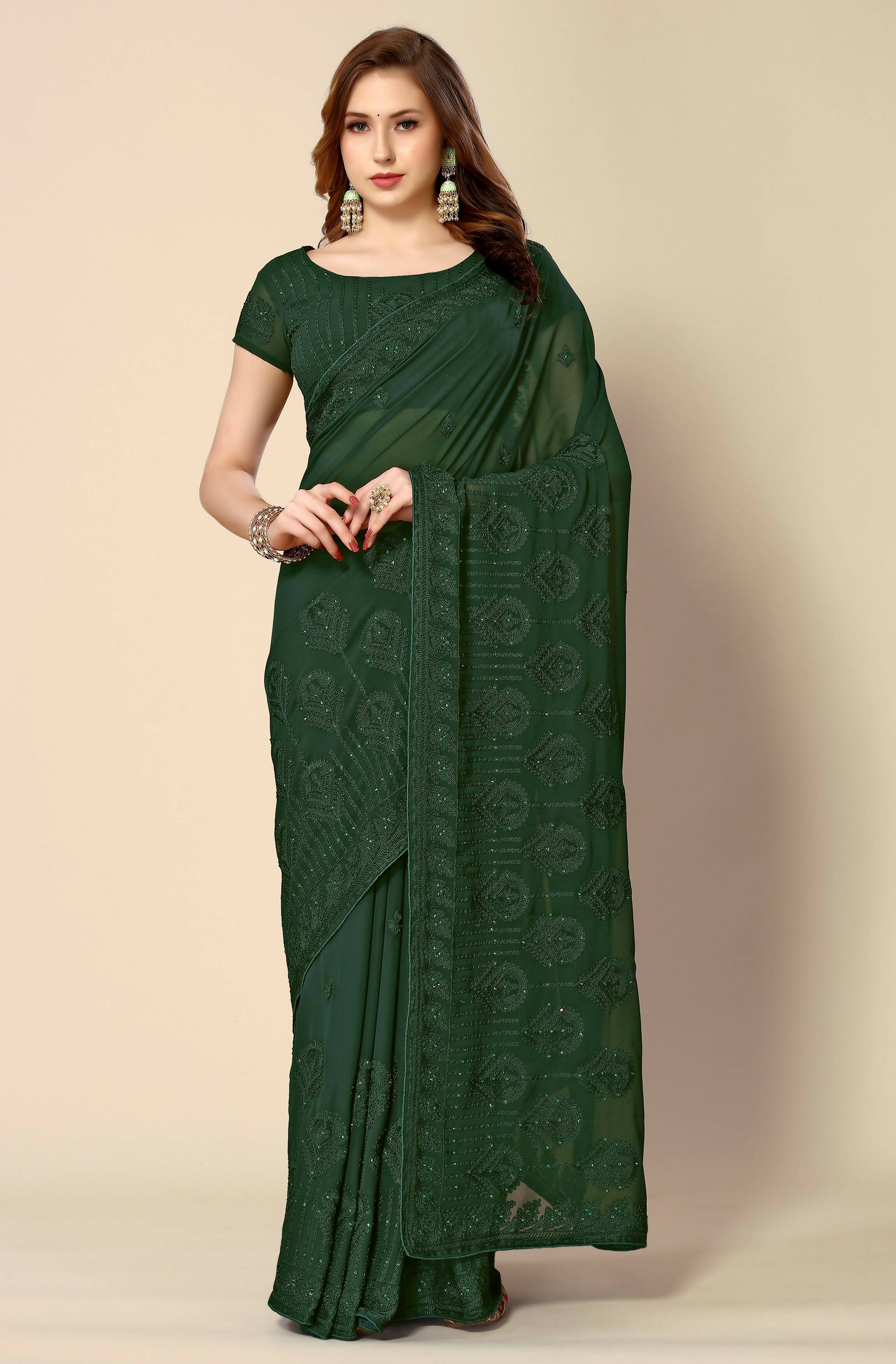 Green Georgette Embroidered and Stone Work Saree with Unstitched Blouse Piece - Roozal