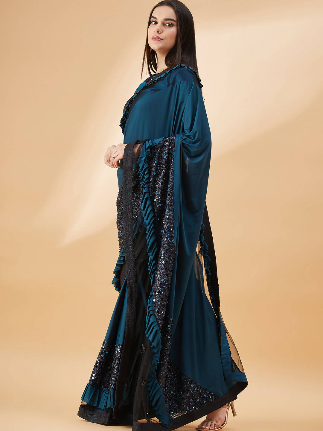 Peacock Blue Lycra Sequins Fabric. Frill Details, Handwork Buttis Saree - Norita Hit Design