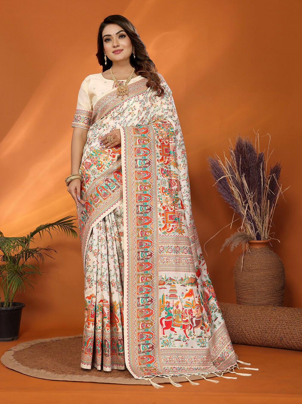 Joban Fashion Off White Meena Weaves Pashmina Sarees