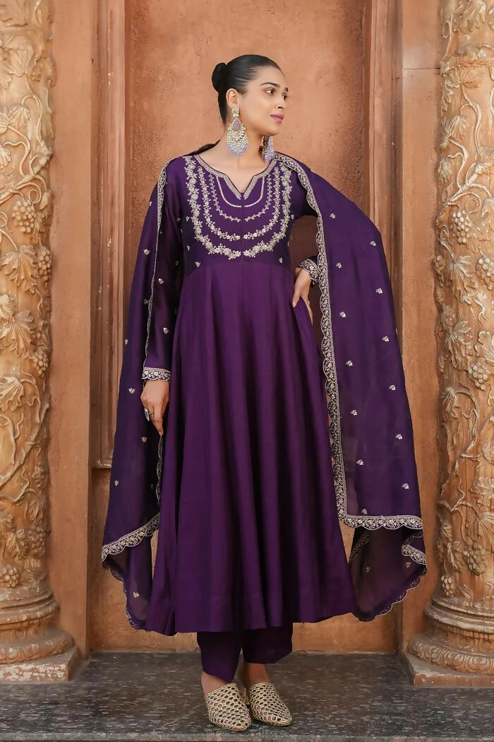 The52 Wine Women's Gorgeous Vichitra Silk Fabric Embroidered Work Flared Anarkali Pant and Dupatta Set