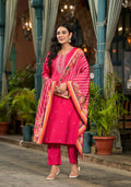 Juniper Women's Fuchsia Floral Printed Viscose Kurta Pant And Dupatta Set With Zari Work