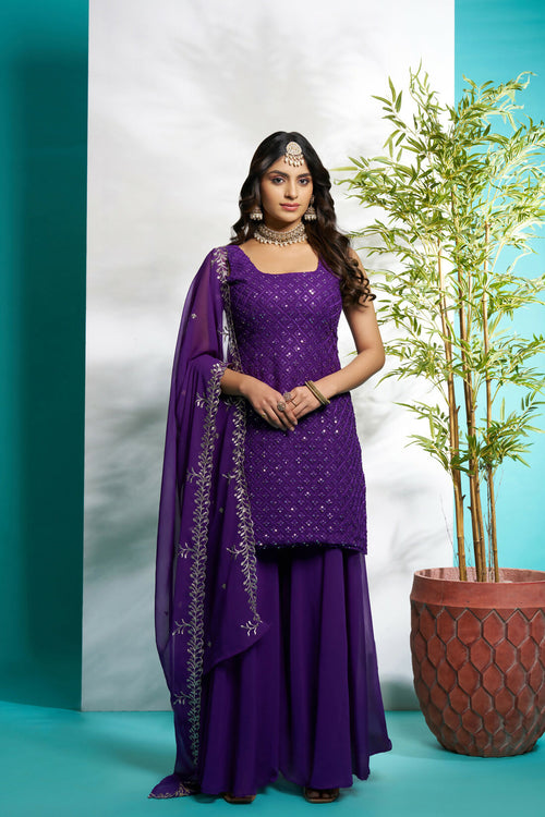 Aayaa Designer Faux Gorgette Embroidery Zari Sequins Thread work Full Flaired plazzo Suit with Dupatta - Purple