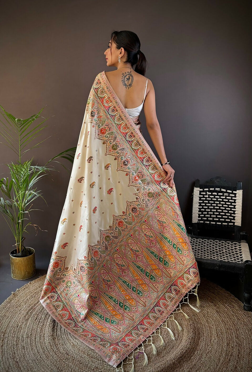 Joban Fashion White Meena Weaves Pashmina Sarees
