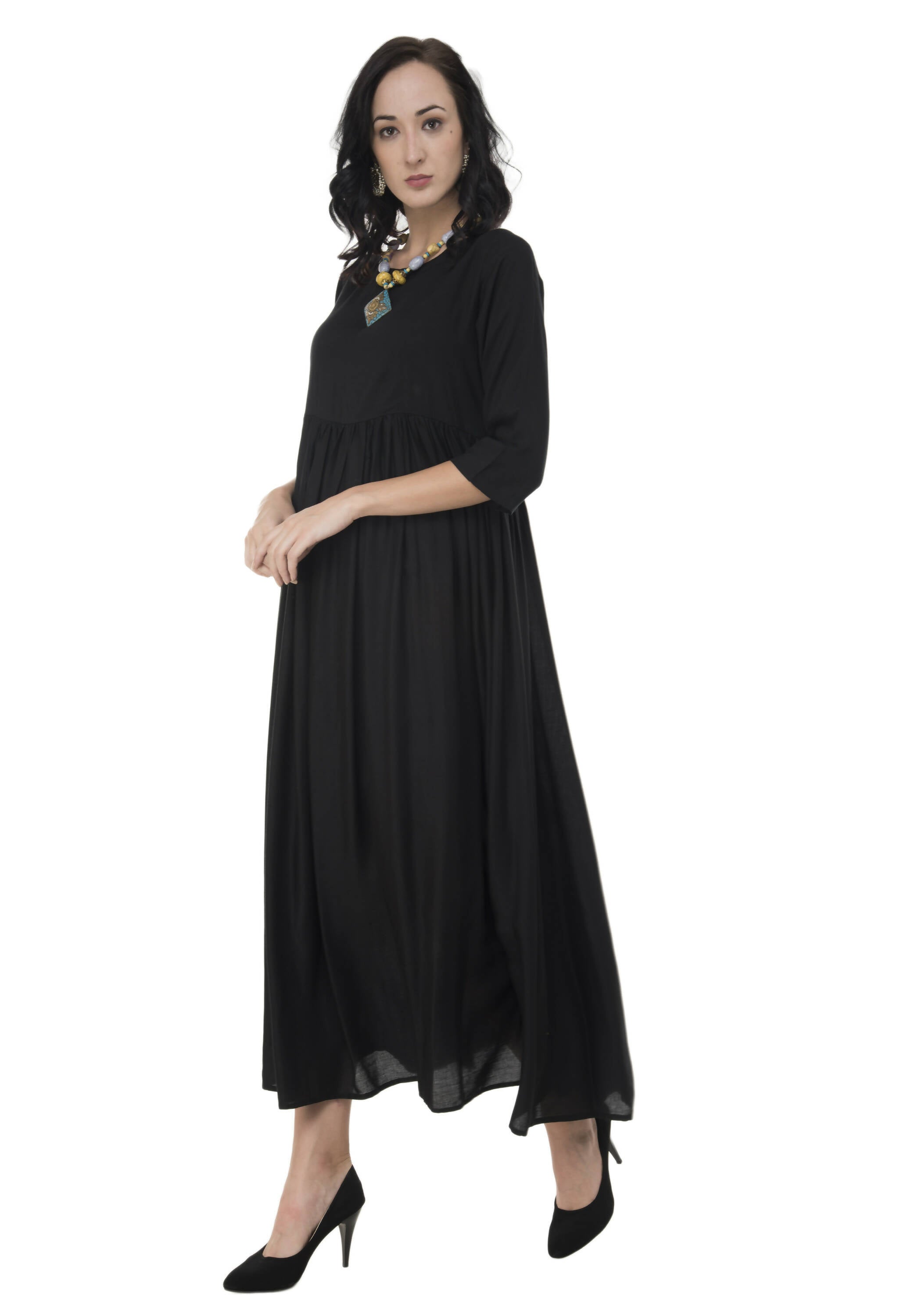 Women's Black Flared Kurti With Front Round Neck And Back Neck With Deep With Dori And Tassels - G & A Apparels