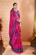Pink Chiffon Abstract Printed Saree With Unstitched Blouse Piece - Rajal