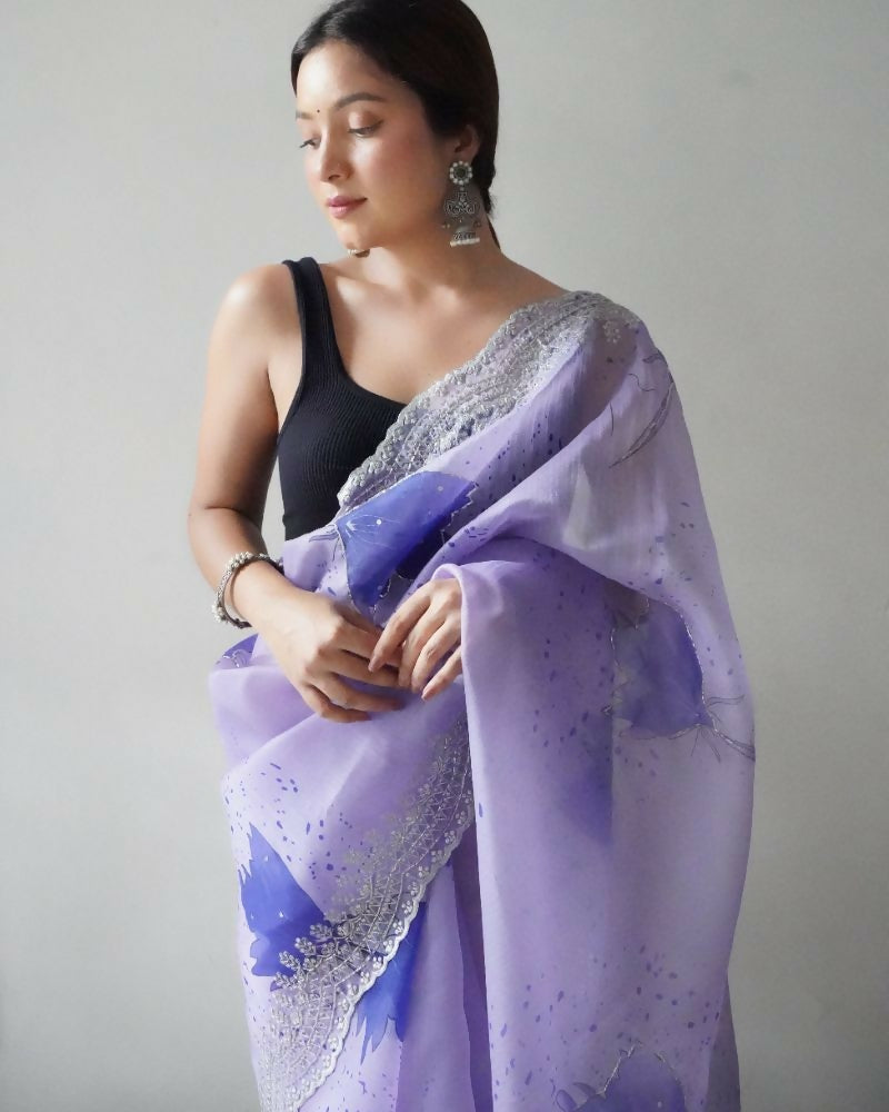 Vamsee Shirovastra Print Lavender Organza Saree