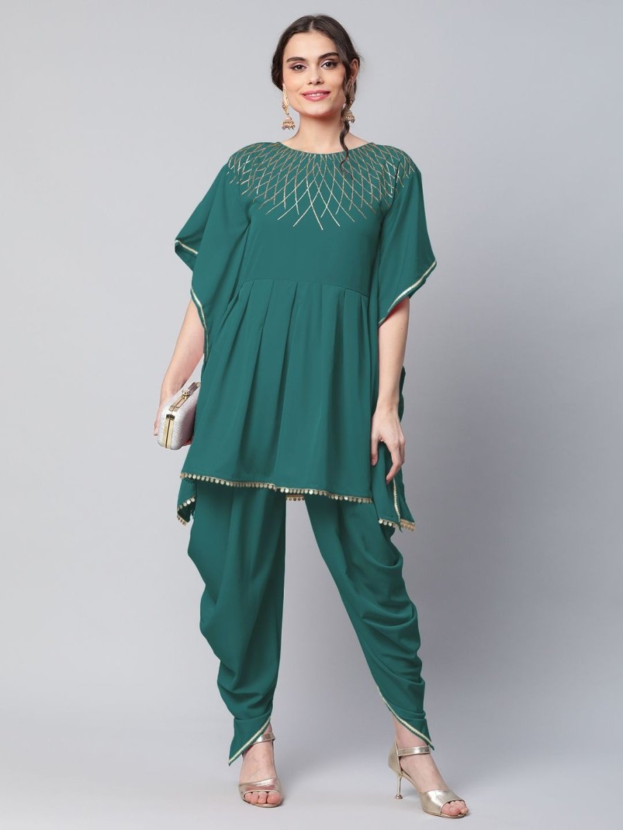 Ahalyaa Women Dark Green Crepe Glitter Printed Kurta with Dhoti Pants