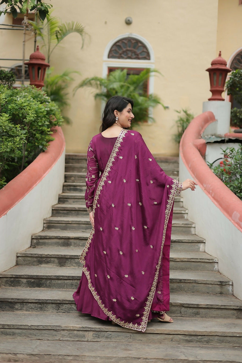Joban Fashion Wine chinon Sequence Embroidery Work Kurta Set