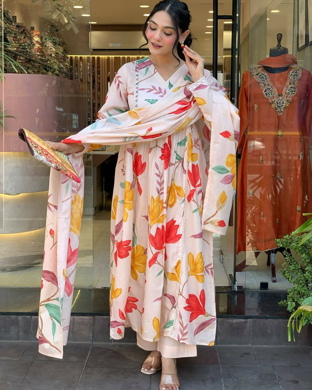 The52 Peach Women's Gorgeous Cotton Fabric Printed Work Straight Kurta Pant and Dupatta Set