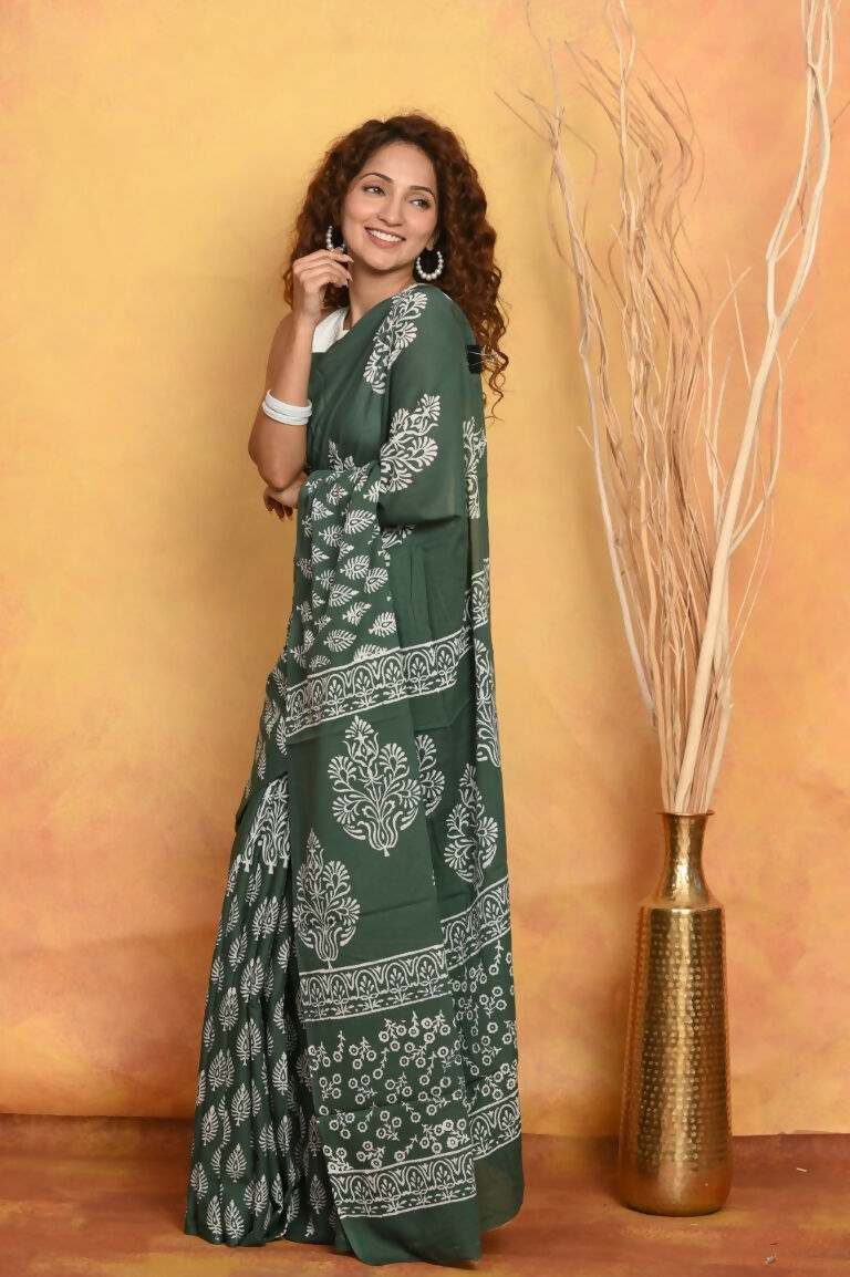 Very Much Indian Handblock Printed Cotton Saree With Natural Dyes - Green