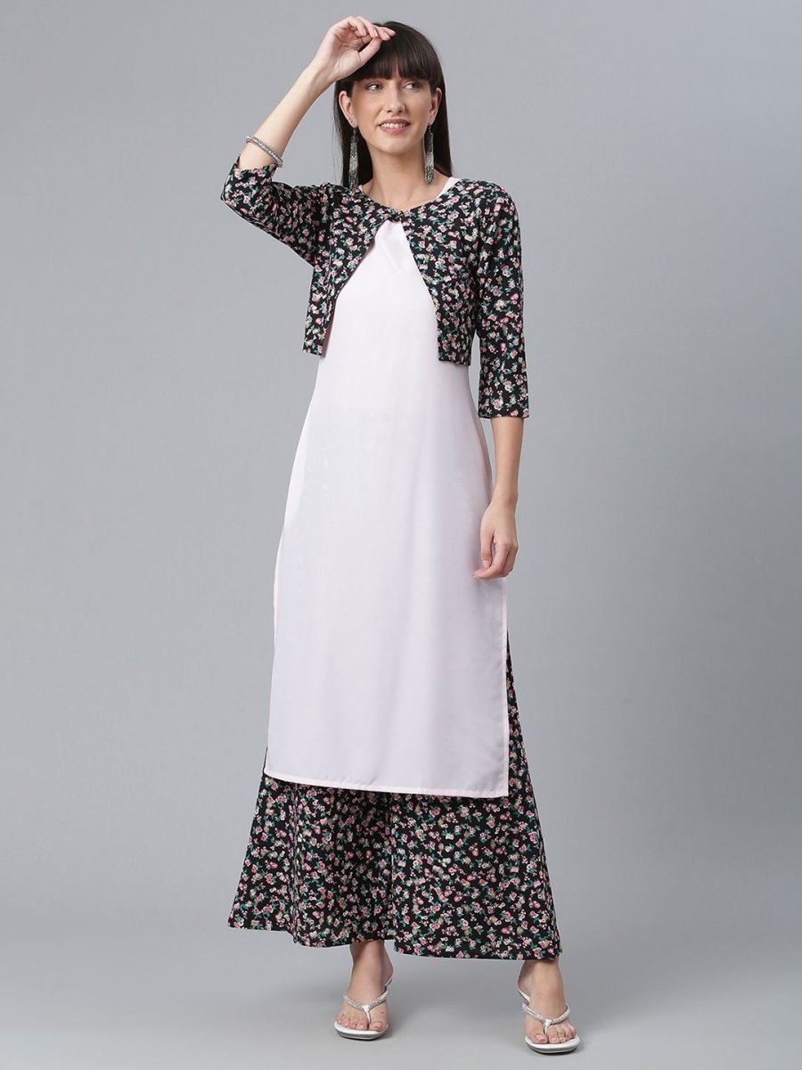 Ahalyaa Light Pink Crepe Solid Kurta And Palazzo Set With Jacket