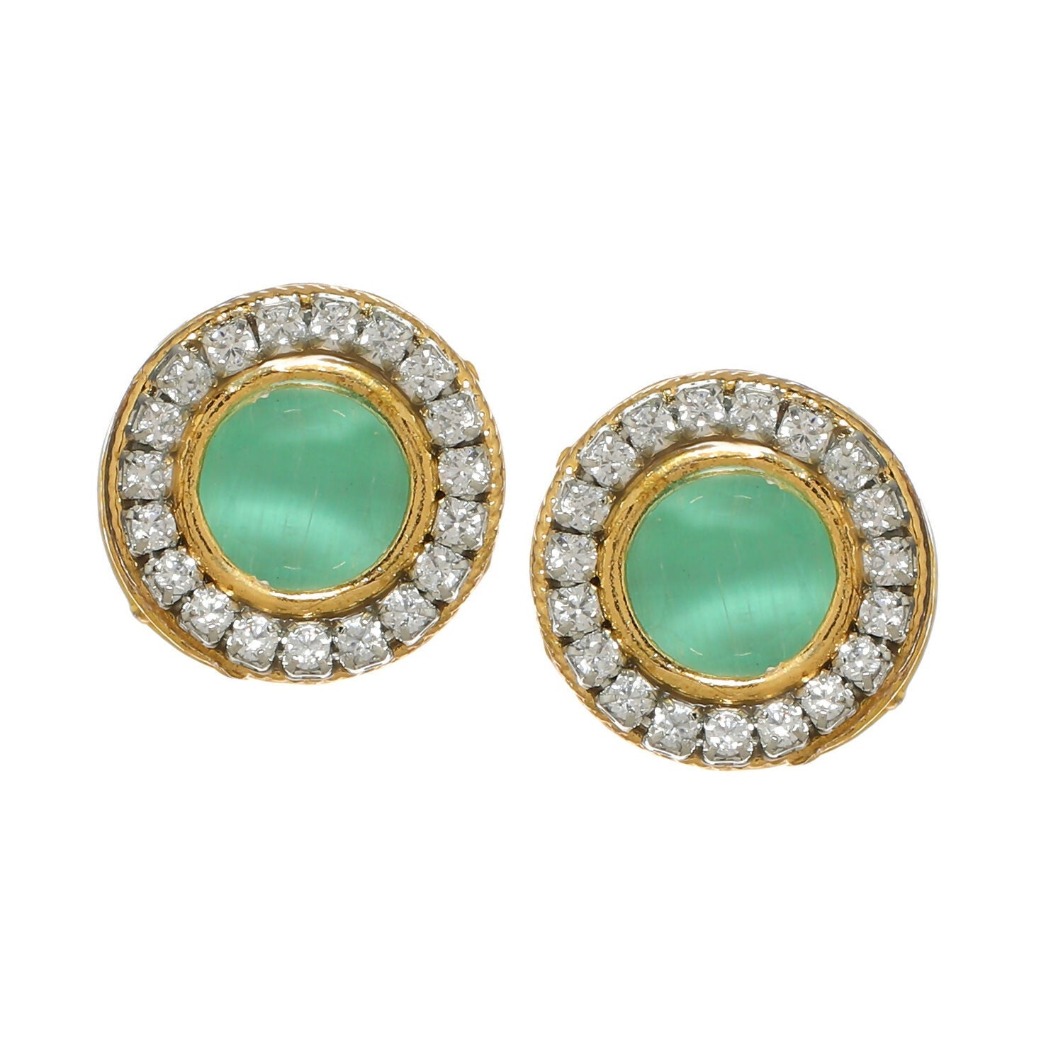 Green Round Daimond and Stone Studs (Green) - Ruby Raang