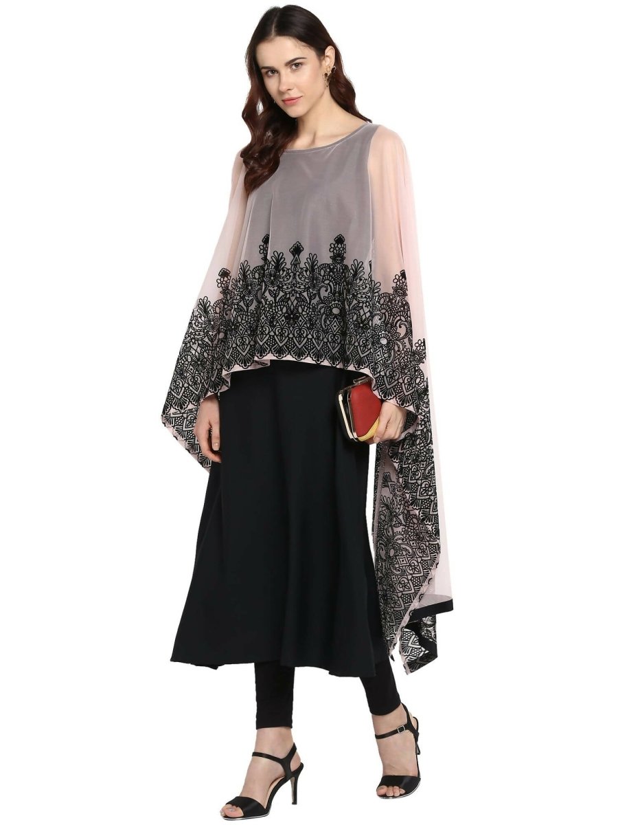 Ahalyaa Women's Beautiful Black Crepe Printed Kurta with Attached Dupatta
