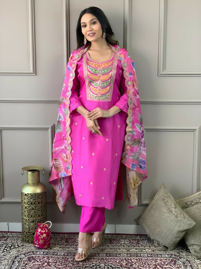 Partywear Designer Viscose Chanderi Pink Stitched Suit With Dupatta - Tanisha