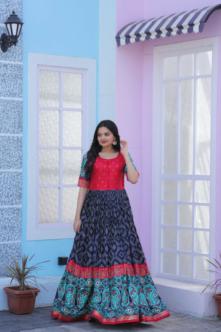 Jyoti Fashion Women's Navy Blue Patola with Foil Print Dola Silk Anarkali Dress