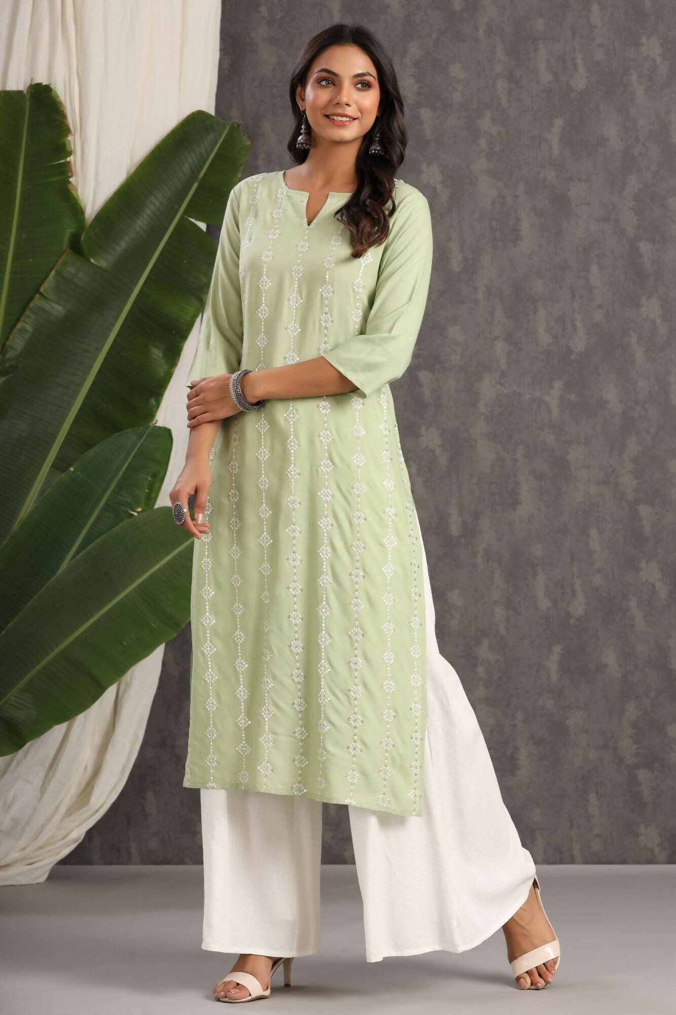Juniper Women Lightolive Rayon Embroidered Straight Kurta