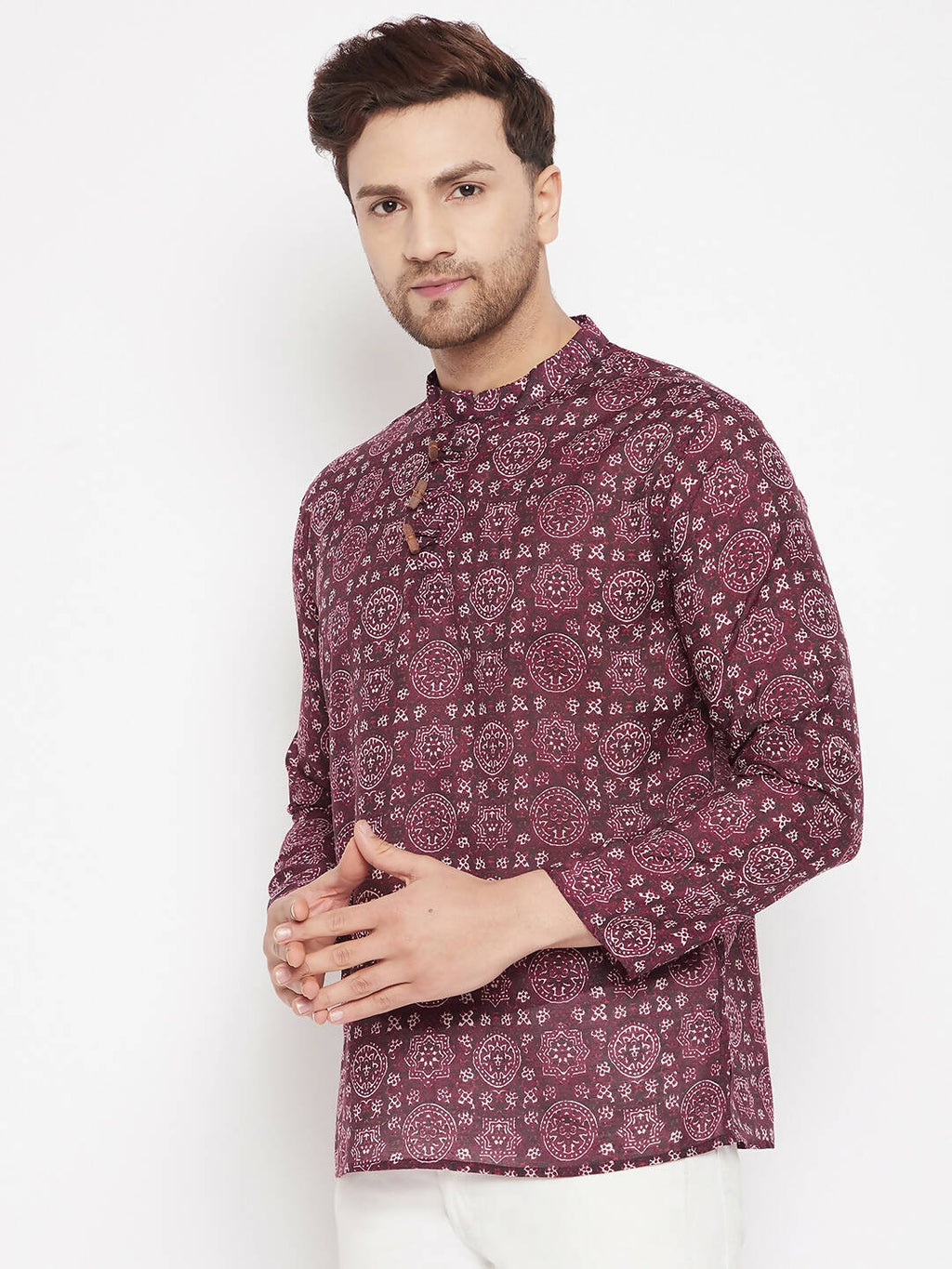 Even Apparels Maroon Pure Cotton Men's Kurta With Slit Neckline