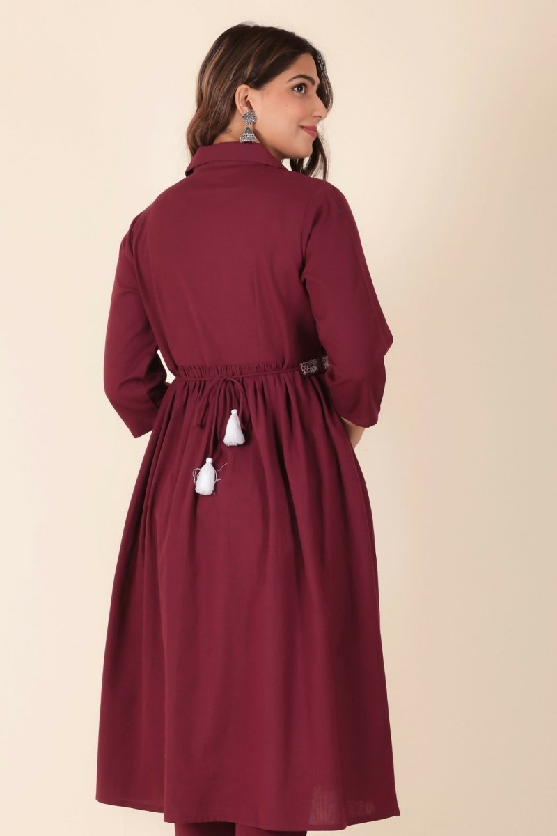 Aramya Maroon Linen Cotton Solid A-line Kurta for Women