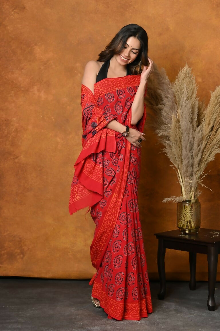 Very Much Indian Handblock Printed Cotton Saree With Natural Dyes - Red