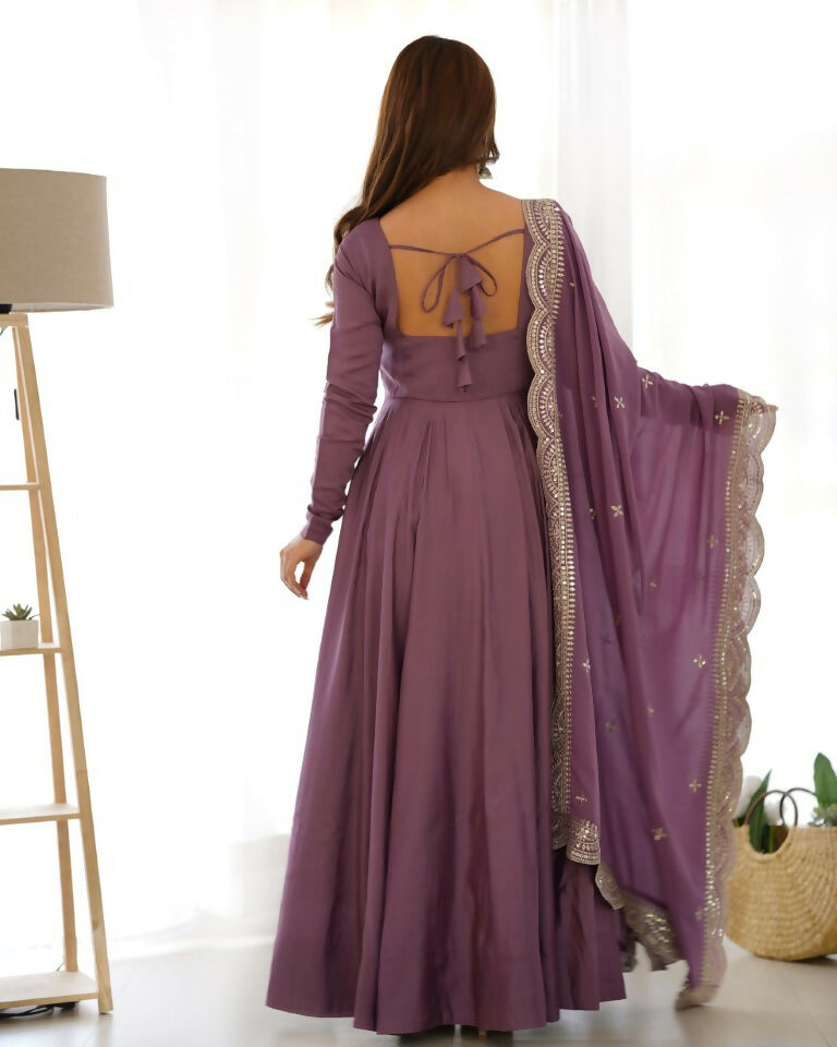 Teeya Creation Mauve Color Pure Roman Silk Chanderi Party Wear Fully Stitched Gown