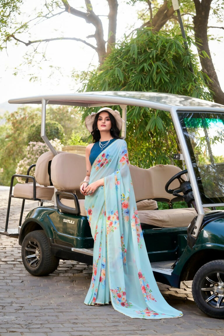 Vastranavya Sea Blue Weightless Marble Printed & Pearl Lace Border Saree with Unstitched Blouse