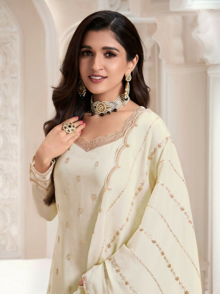 Vastranavya Exquisite Off White Heavy Chinon with Embroidered & Sequins Work Salwar Suits