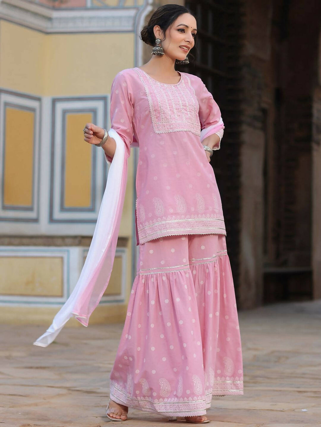 Juniper Women's Pink Cambric Floral Print Kurta Sharara Sets