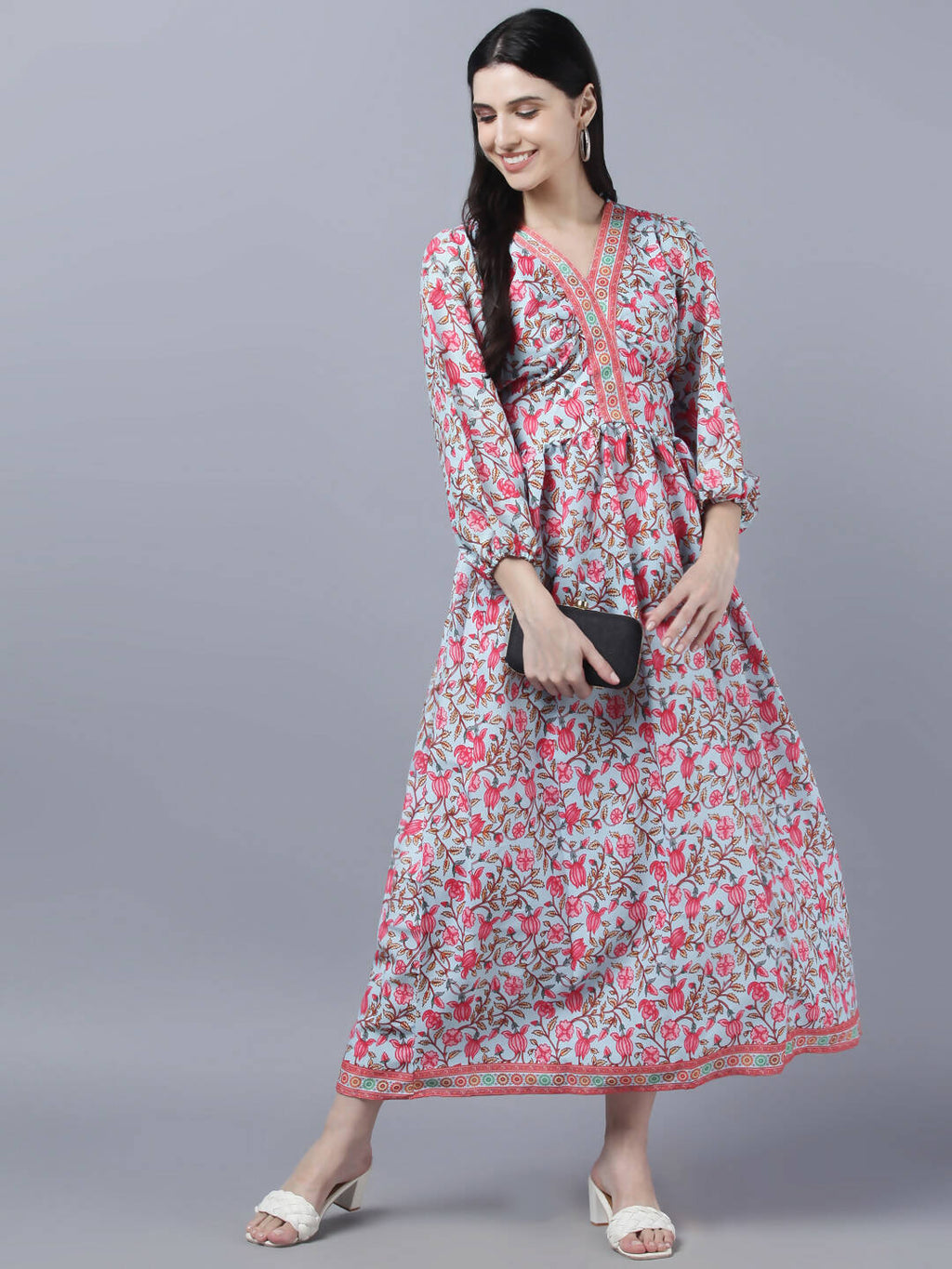 Myshka Women Red Printed Pure Cotton Maxi Dress