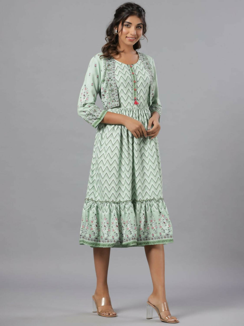 Juniper Women Sage Green Rayon Printed Jacket Style Midi Dress