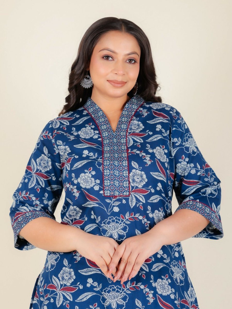 Aramya Blue Soft Cotton Floral Print Straight Kurta Set for Women