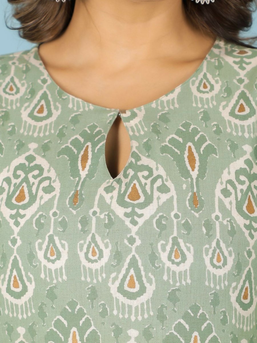 Aramya Green Linen Cotton Ikat Straight Kurta for Women