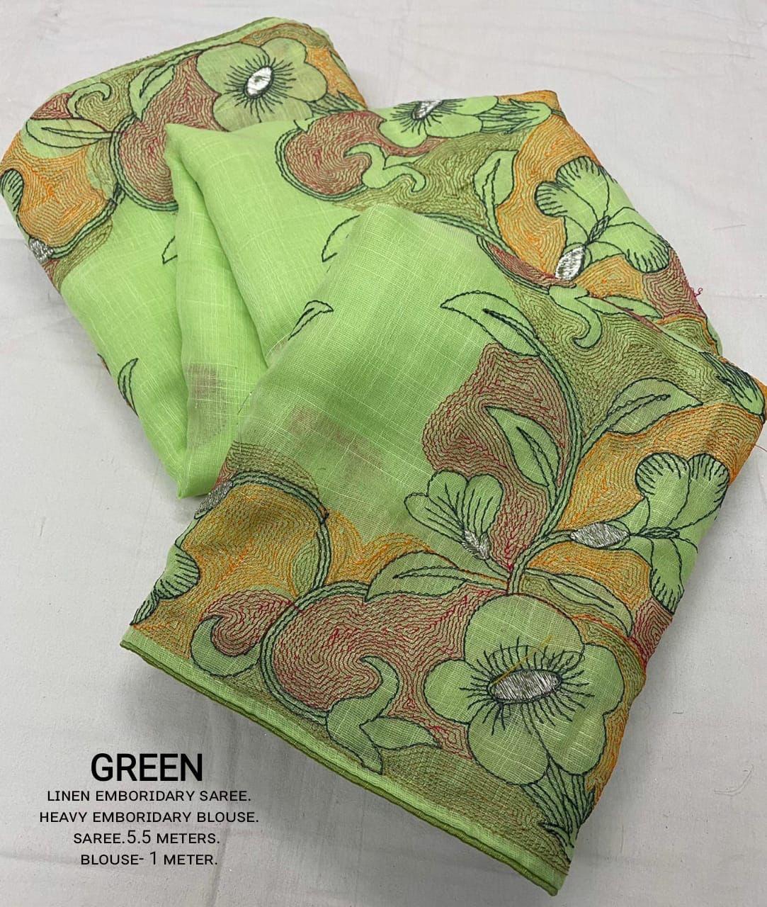 Green Pure Linen Ethnic Motifs Saree with Unstitched Blouse - Hiral Fashion