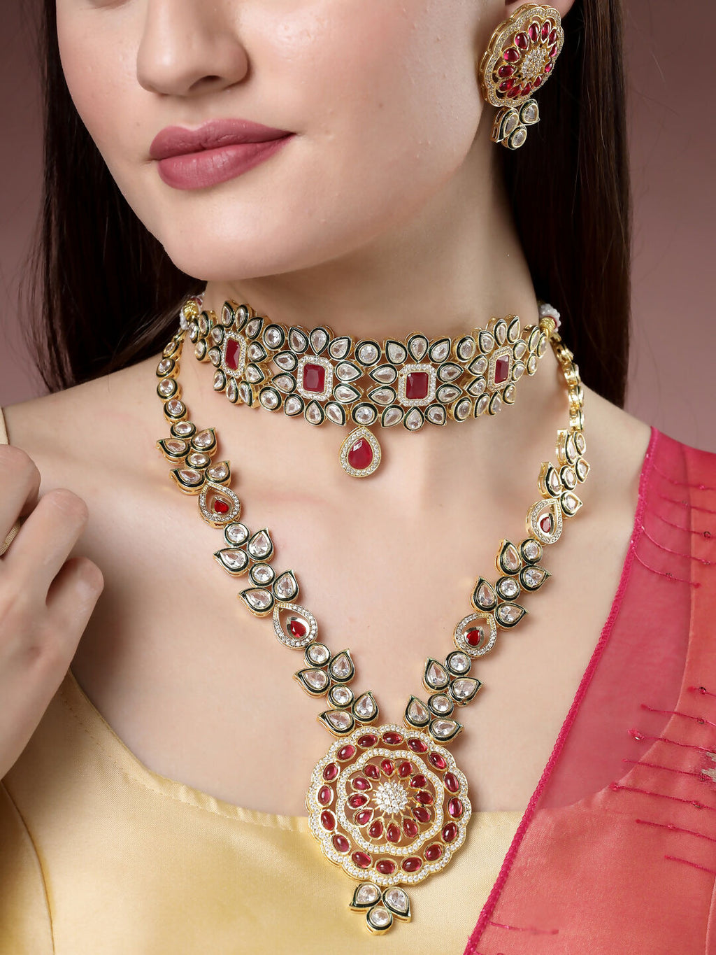 NVR Women's Set of 2 Red & Gold Kundan Studded Jewellery Set Choker & Long Necklace With Earrings
