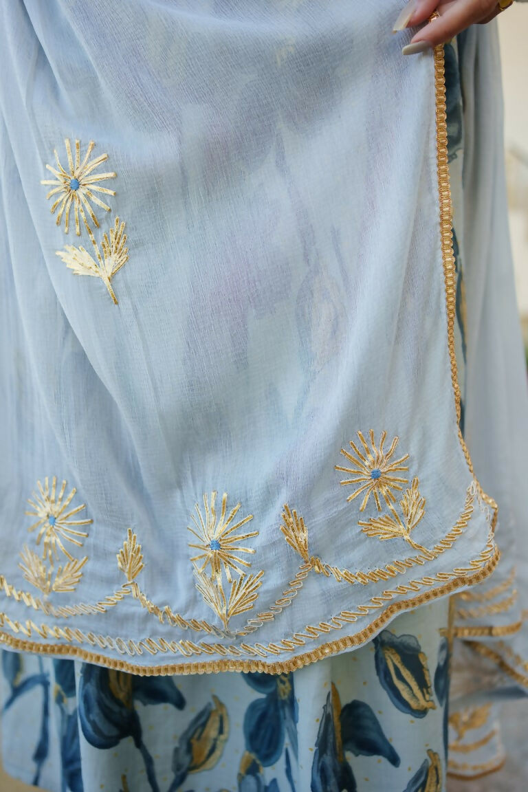 Vaasva Women SkyBlue Muslin Embroidered Kurta,Pant & Dupatta Set