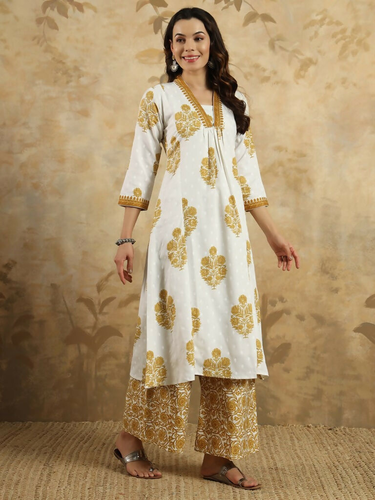 Yellow Cotton Blend Printed Anarkali Suit with Dupatta - Rashmika