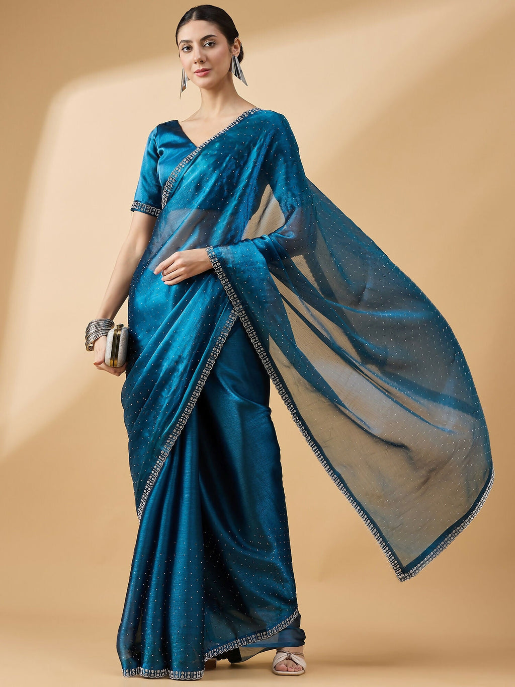 Teal Organza Swaroski Diamond Work Saree with Unstitched Blouse - Radha