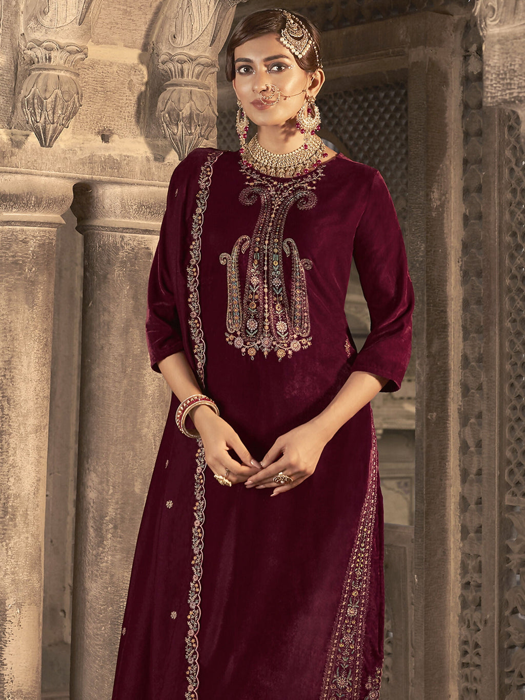 Jyoti Fashion Women's Maroon Velvet Floral Resham Thread with Jari work Kurta with Trouser & Dupatta