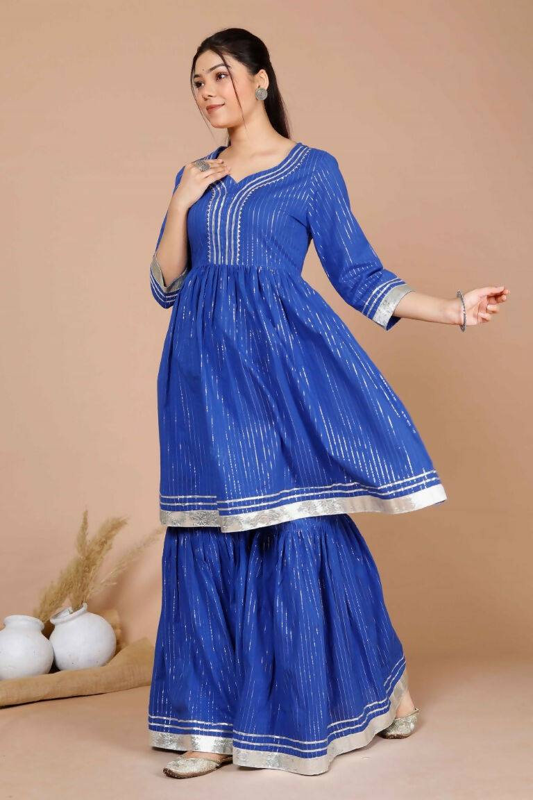 Miravan Women's Blue Printed Pure Cotton A-Line Kurti With Sharara
