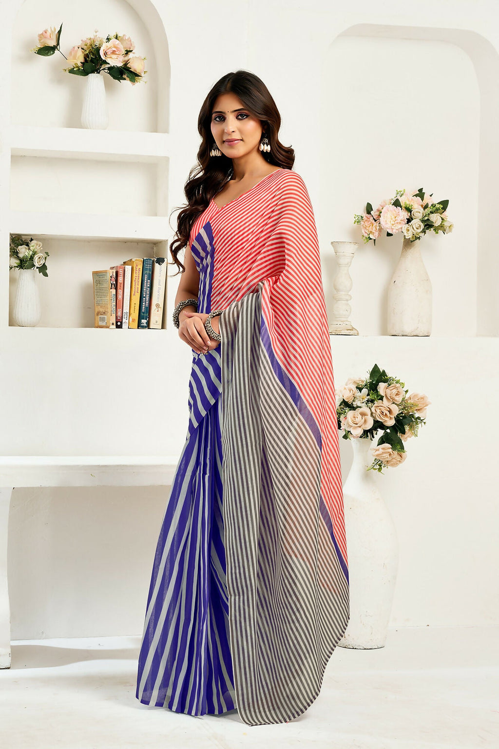 Vastranavya Royal Blue Digital Printed Linen Ready To Wear Designer Saree with Unstitched Blouse