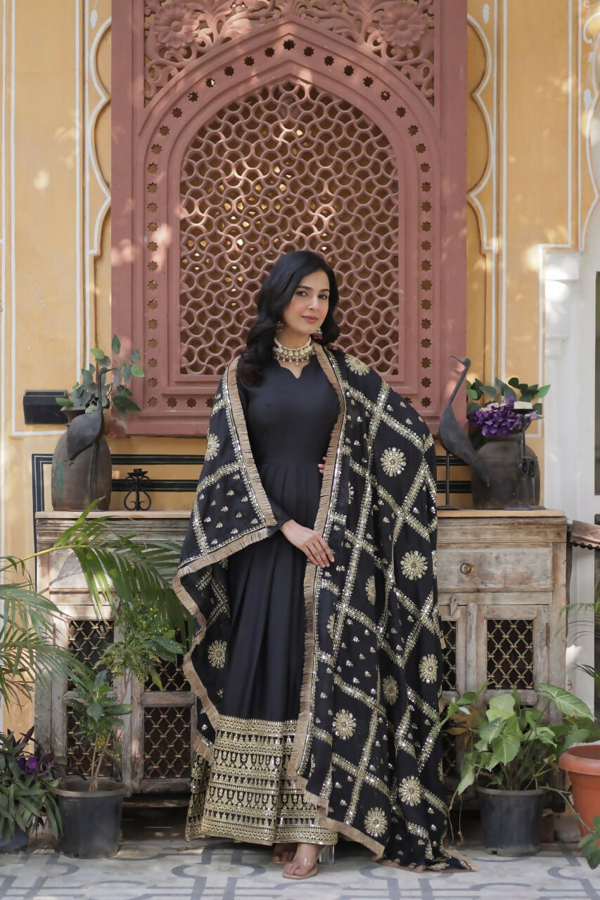 Vastranavya Star Georgette with Embroidery Zari Sequins-work Gown & Dupatta - Black