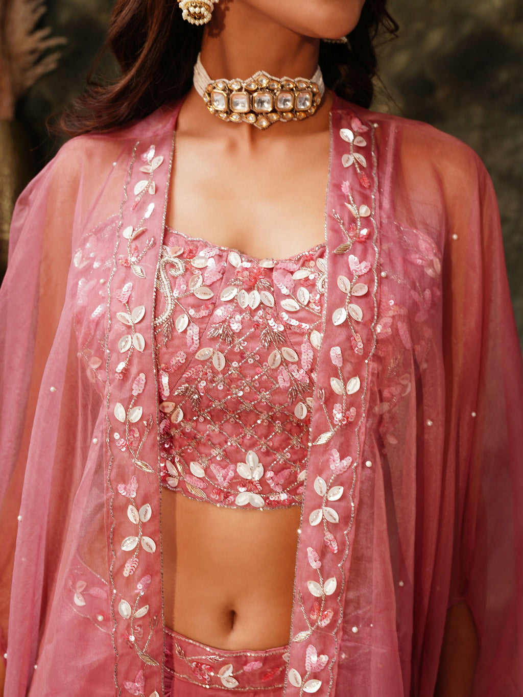 Pink Pure Crepe Handwork Top with Skirt & Shrug - Naomika