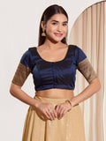 Joban Fashion Navy Blue Taffeta Silk Padded Blouse With Round Neck Elbow Sleeves