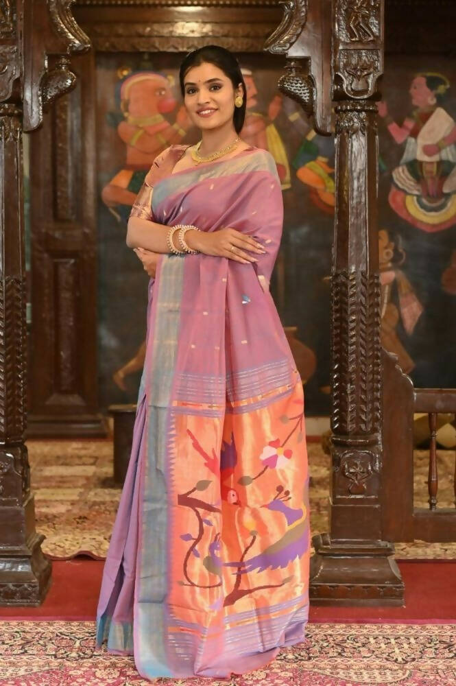 Very Much Indian Handloom Pure Cotton Paithani Peacock Pallu-Dual Tone Blue Pink