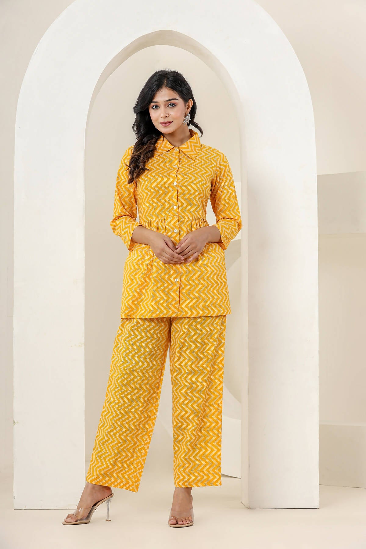 Kaajh Women's Yellow Zigzag Print Cotton Co-ord Set